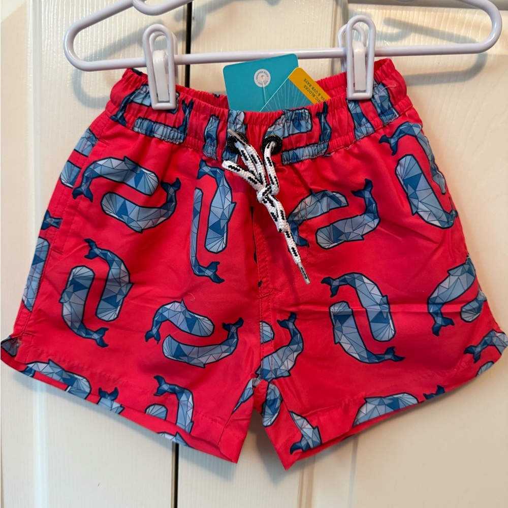 Snapper Rock Red and Blue Whale Print Swim Trunks